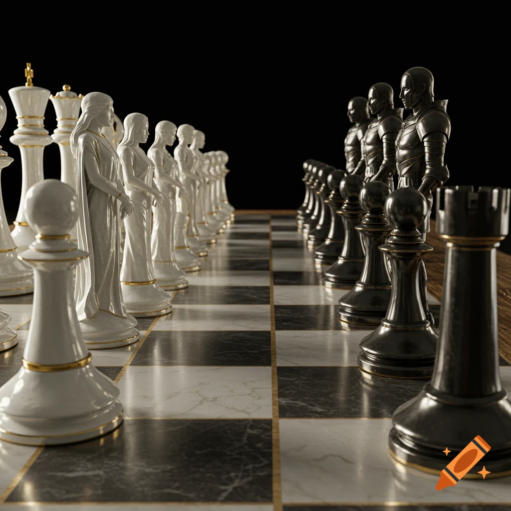 A close-up, low-angle shot of a chessboard with white pieces depicted as women and black pieces as men, ready for play.