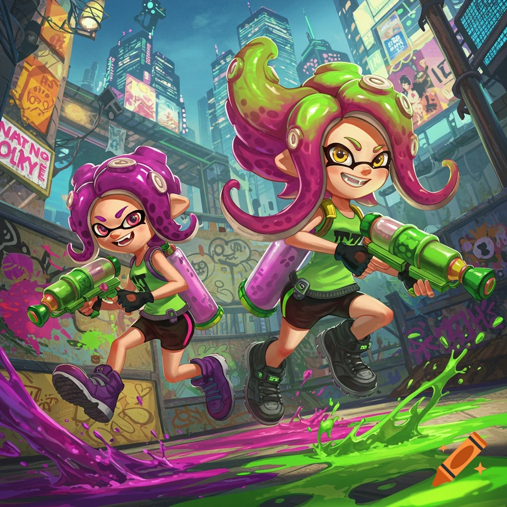 Two cheerful Splatoon Octoling girls with ink guns run through a colorful city alley with neon ink splatters.