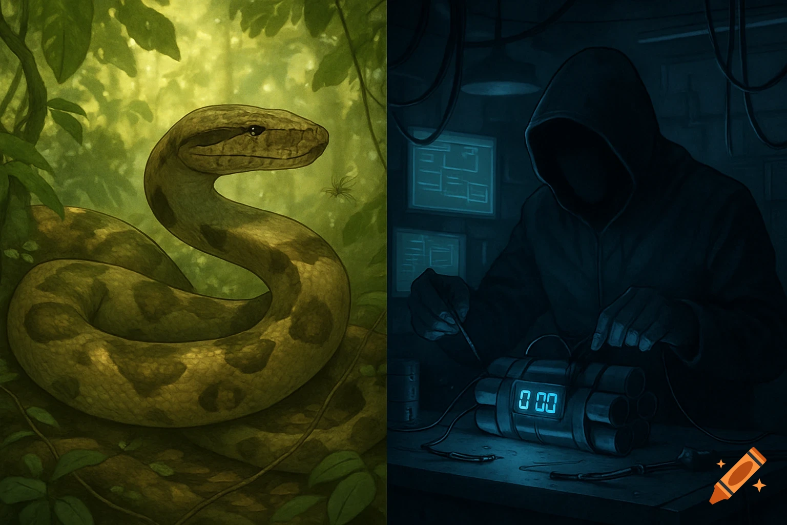 A split image depicting a green boa constrictor in a lush jungle on the left, and a hooded figure building a bomb on the right, digital art.