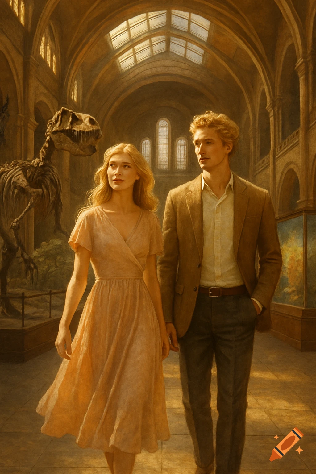 A painting of a blonde man and woman walking through a Natural History Museum, with a dinosaur skeleton in the background.