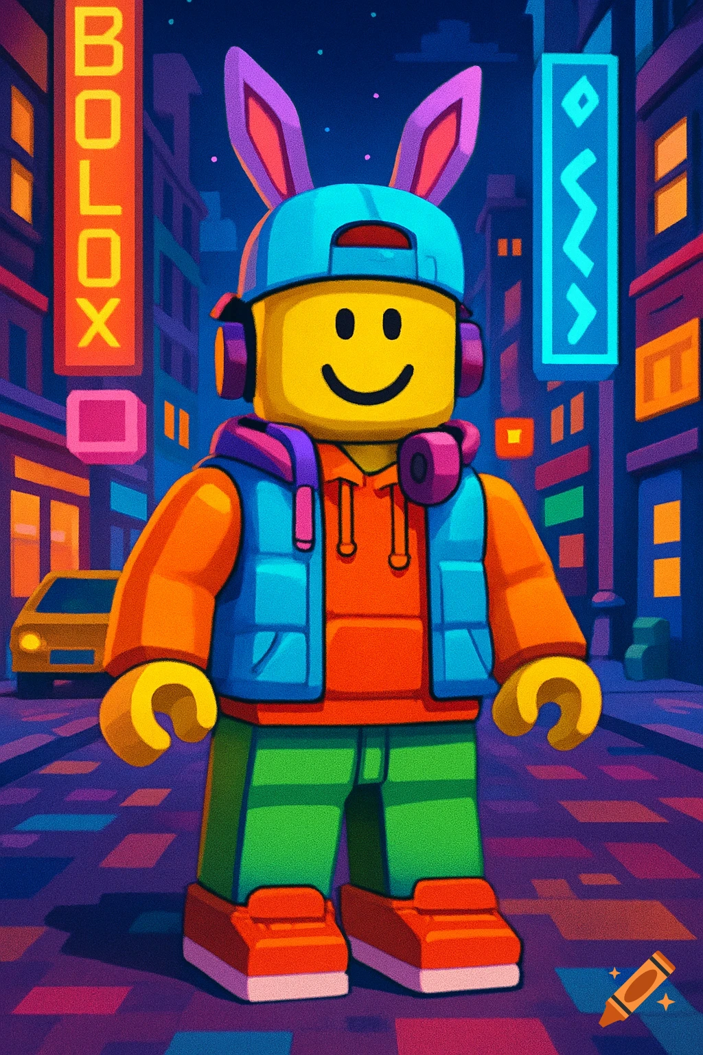 A cartoon Lego-style character with a smiley face, bunny ears, headphones, and colorful clothing stands in a neon-lit city at night.