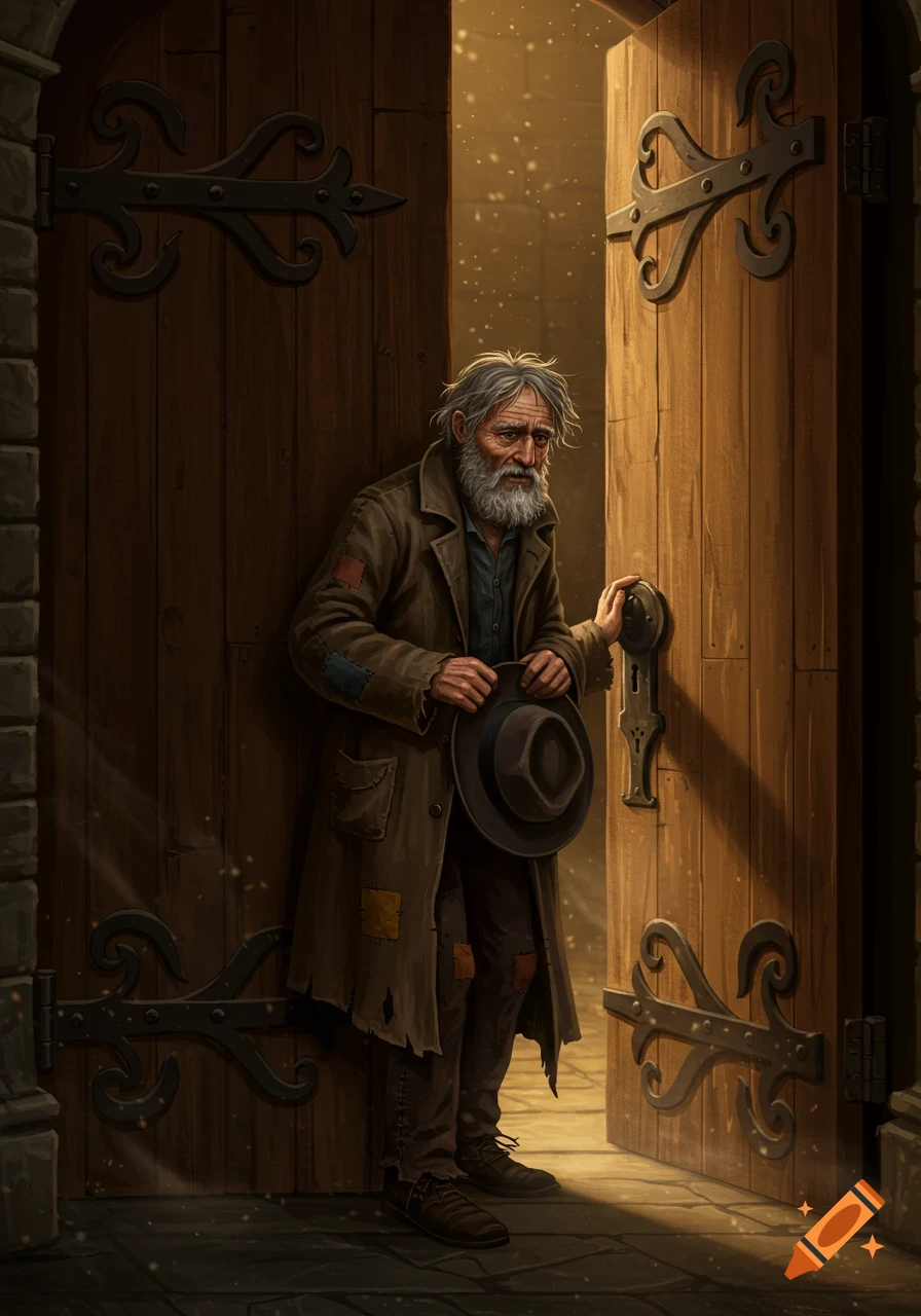 An old, bearded man in tattered clothes holds a hat, stepping through a heavy wooden door with light streaming in. Digital painting.