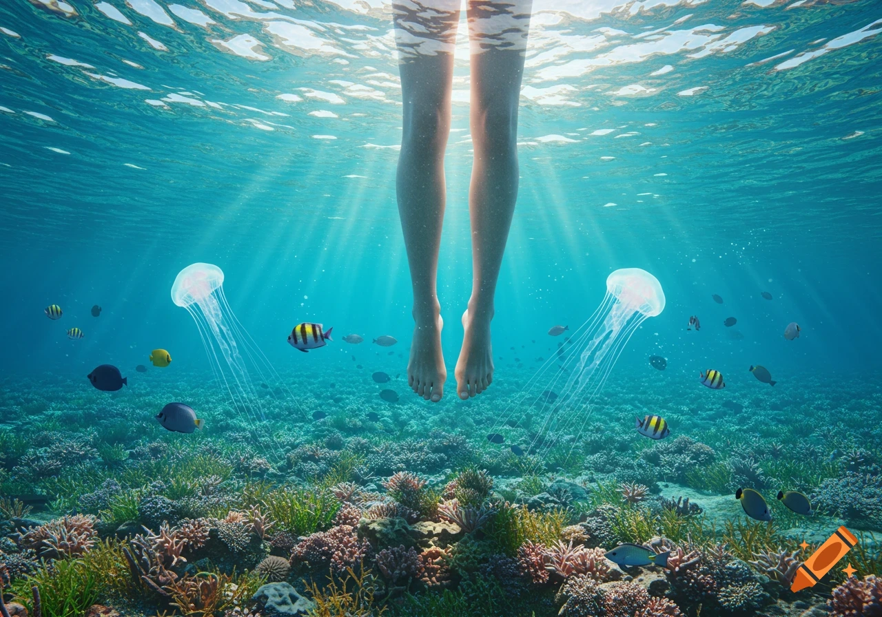 Underwater view of legs dangling from the surface above a vibrant coral reef, with colorful fish and jellyfish swimming around.