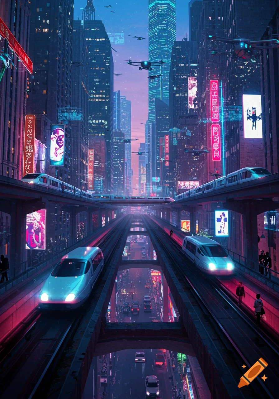 A vibrant cyberpunk cityscape at dusk, with elevated trains, flying drones, cars on roads, and neon-lit skyscrapers.
