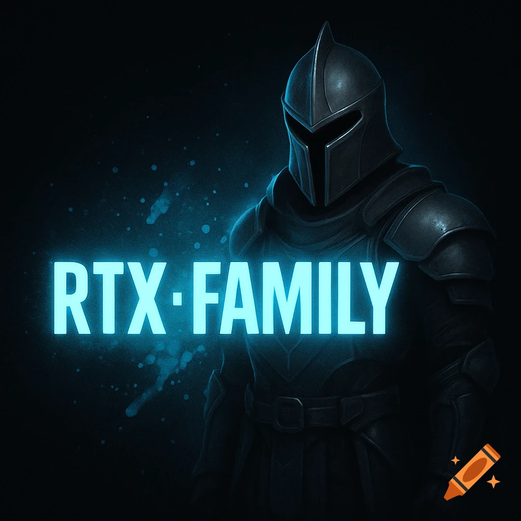 A dark armored character with a helmet, resembling a Templar or Mandalorian, stands against a black background with subtle blue splatters, guarding glowing blue text that reads "RTX FAMILY".
