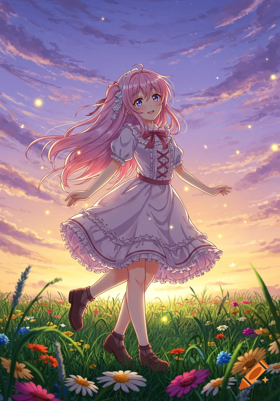 Anime girl with pink hair in a white dress standing in a field of colorful flowers at sunset under a purple and orange sky.