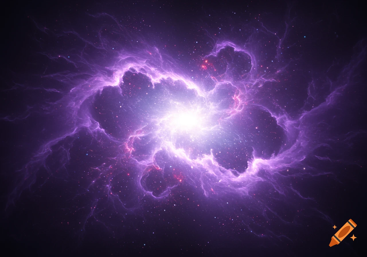 A vibrant purple and pink nebula glows brightly amidst a dark, star-filled cosmic background.