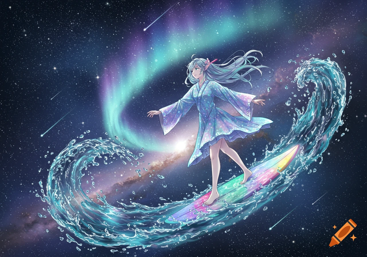 Anime girl with long blue hair surfs a glowing water wave on a surfboard in a star-filled galaxy with an aurora.