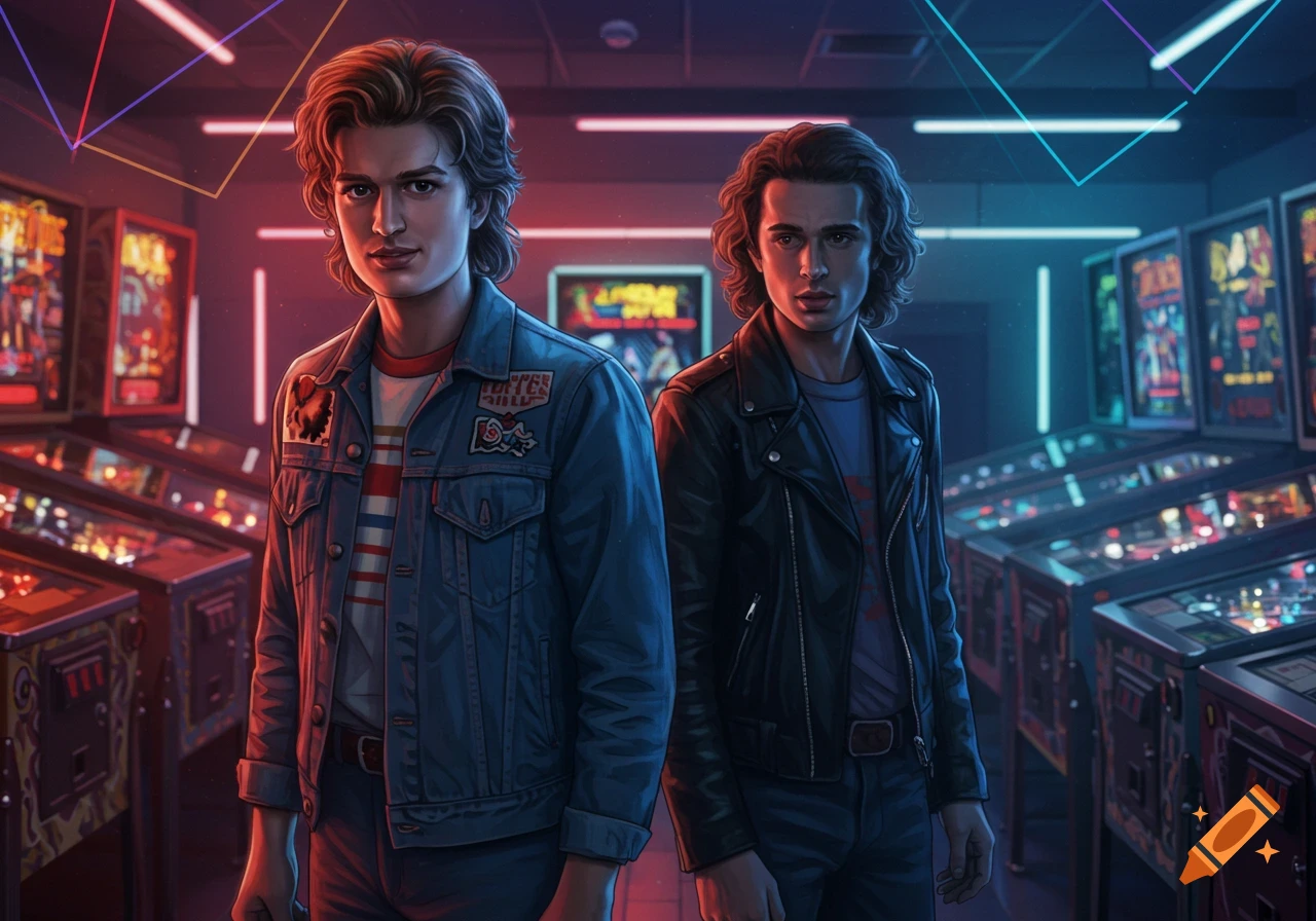 Two young men, one in a denim jacket, one in a leather jacket, stand in a neon-lit arcade filled with pinball machines.
