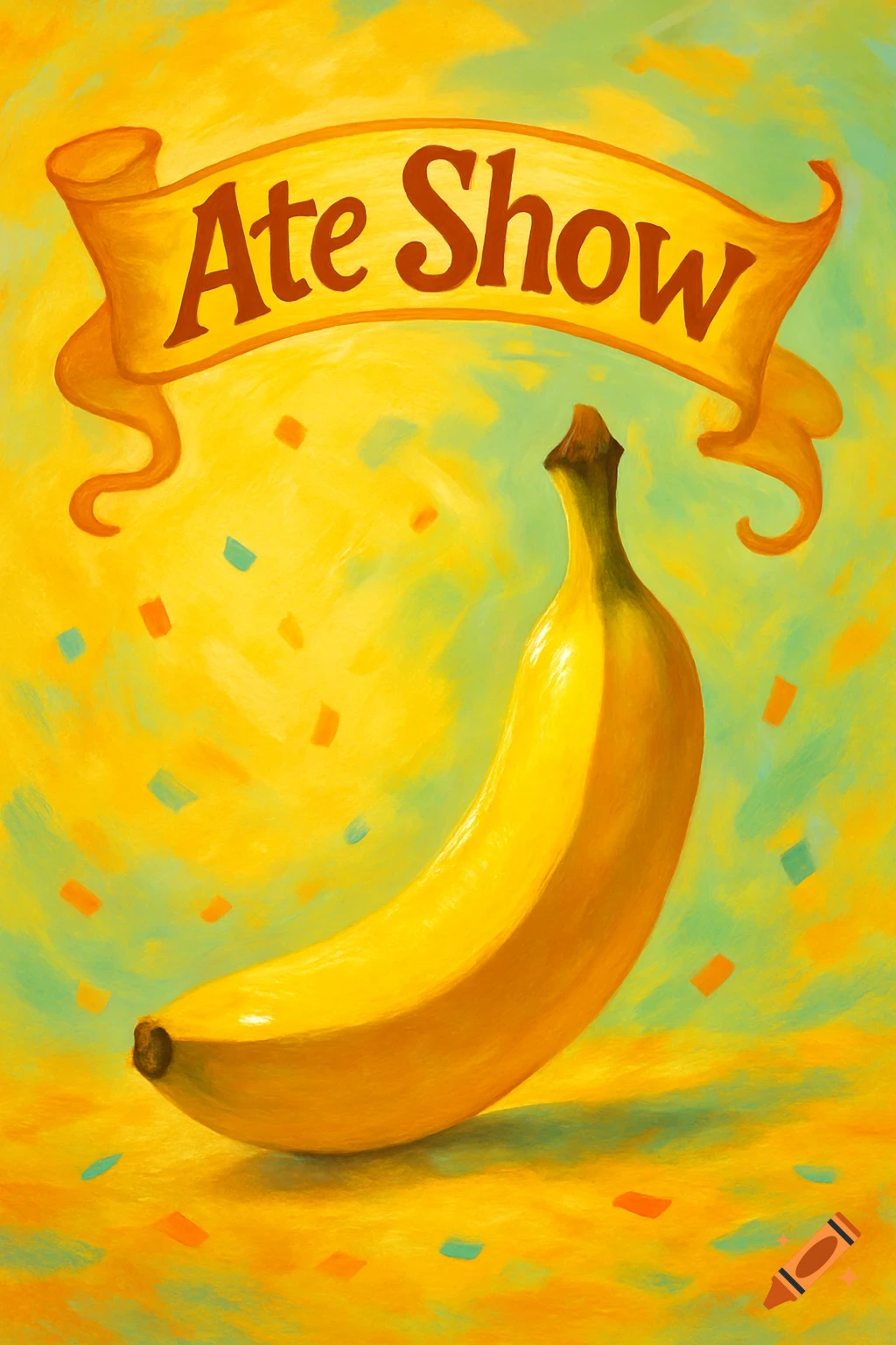 An illustrative painting of a yellow banana with a golden "Ate Show" banner on a yellow-green background with confetti.