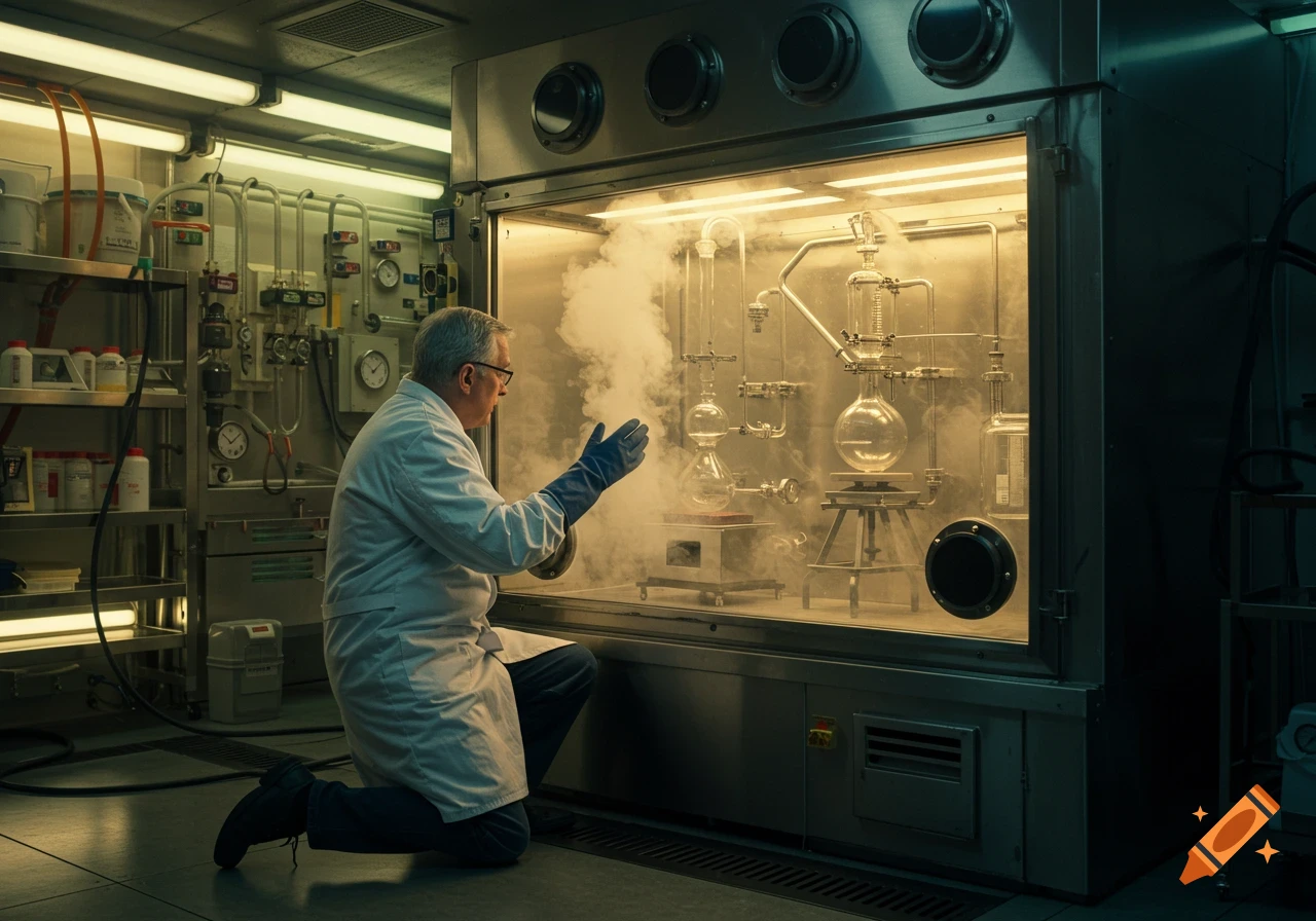 A scientist in a lab coat and gloves kneels, observing dense white vapor and complex glassware inside a glowing steel glove box.