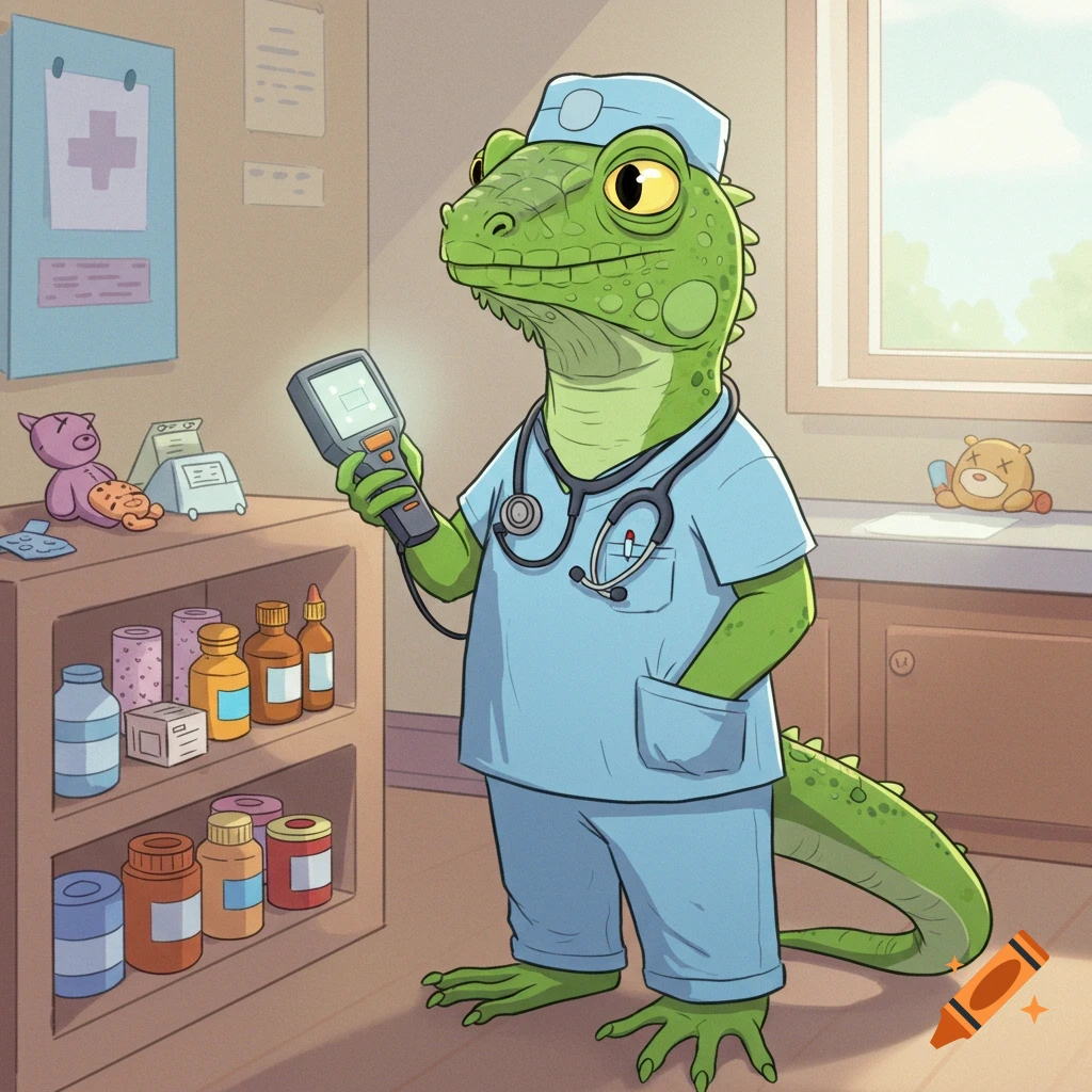 A cartoon iguana doctor in scrubs scans a medical supply shelf with a handheld device in a colorful clinic room.