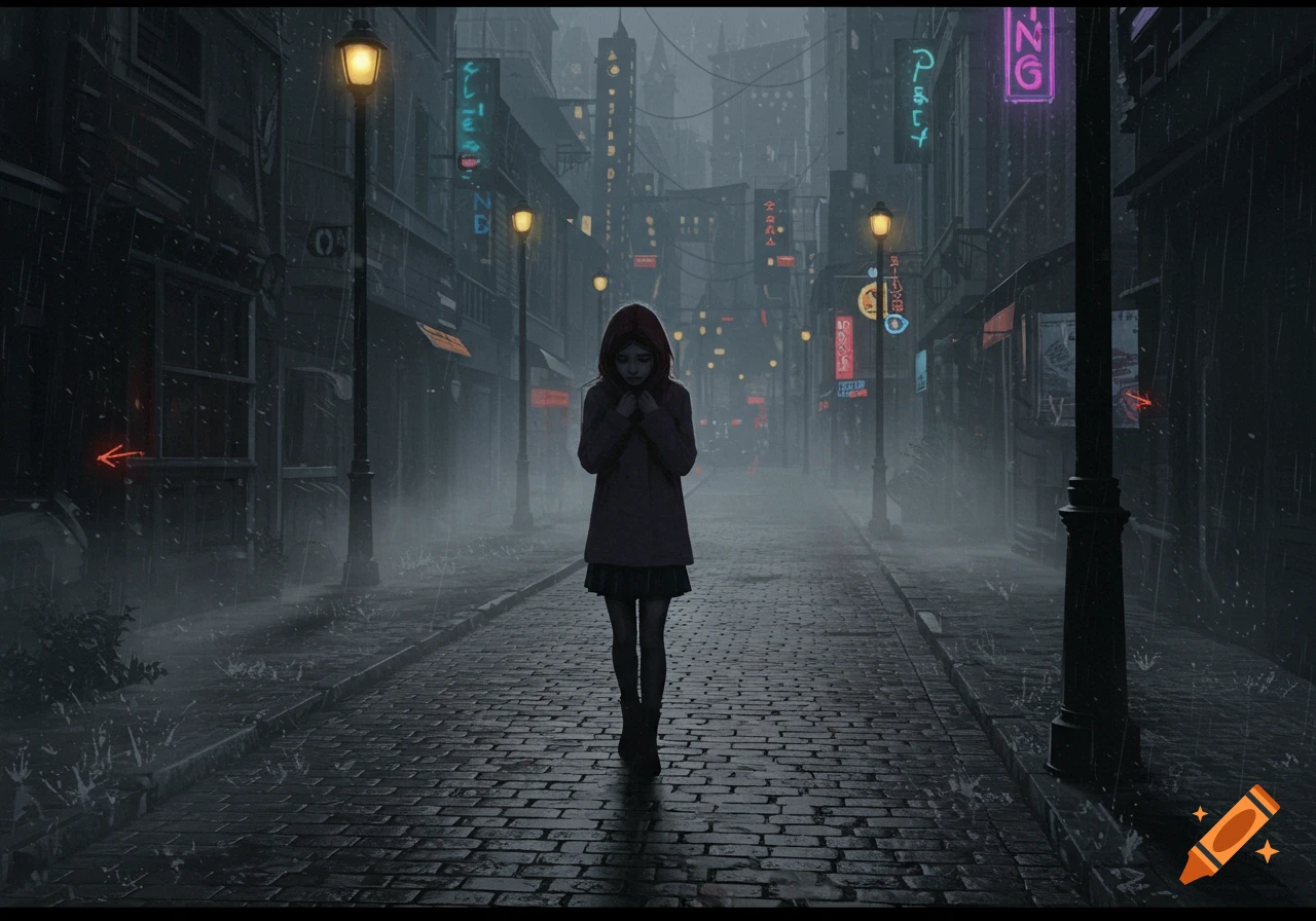 A sad girl in a red hood walks alone down a dark, rainy cobblestone street in a gloomy city lit by neon signs.