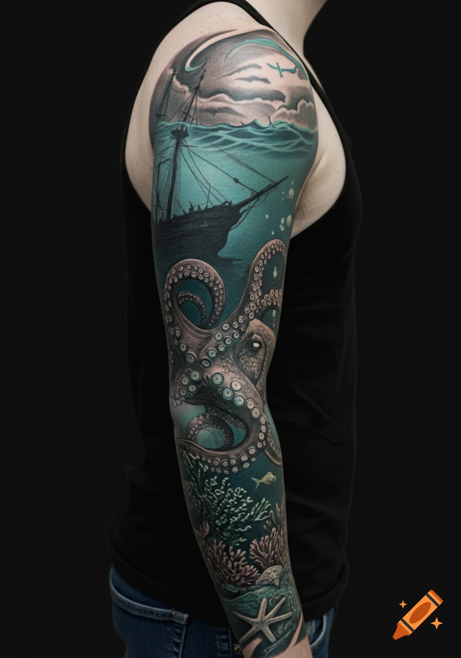 A man's full arm sleeve tattoo depicting an underwater scene with a sunken ship, a large octopus, and coral reef.