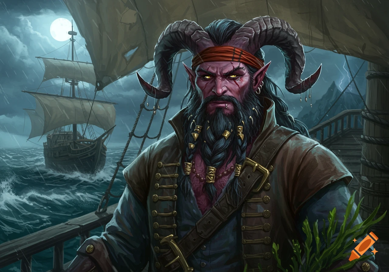 A formidable Tiefling pirate with prominent horns and a braided beard stands on a ship's deck during a stormy night, another ship visible in the background.