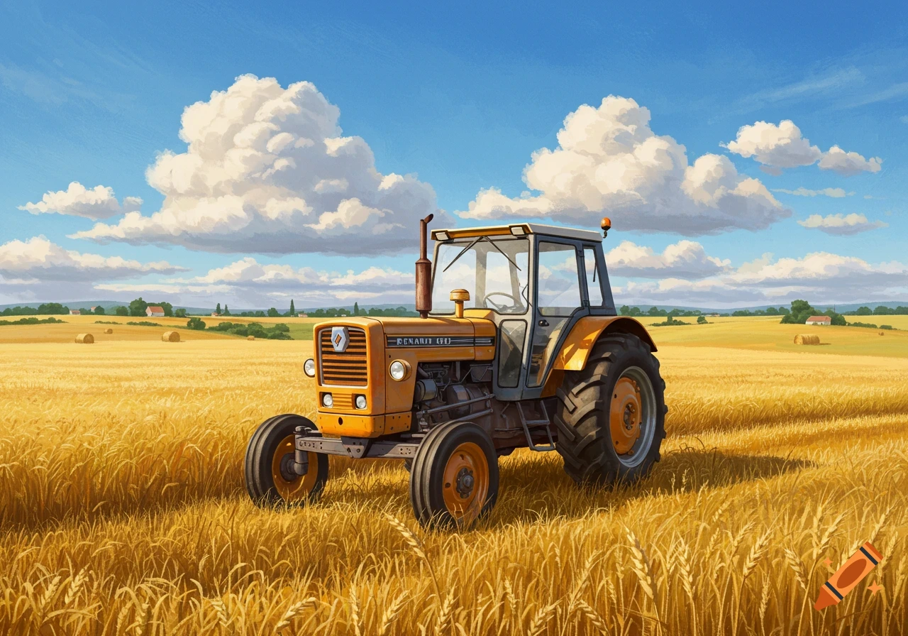 A bright orange Renault tractor with a cabin stands in a golden wheat field under a blue sky with fluffy white clouds.