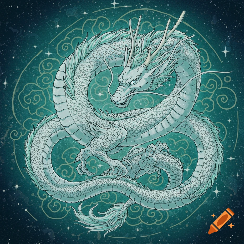 An intricate illustration of a majestic white spirit dragon, coiled, with sharp claws and whiskers, set against a dark teal, starry background.