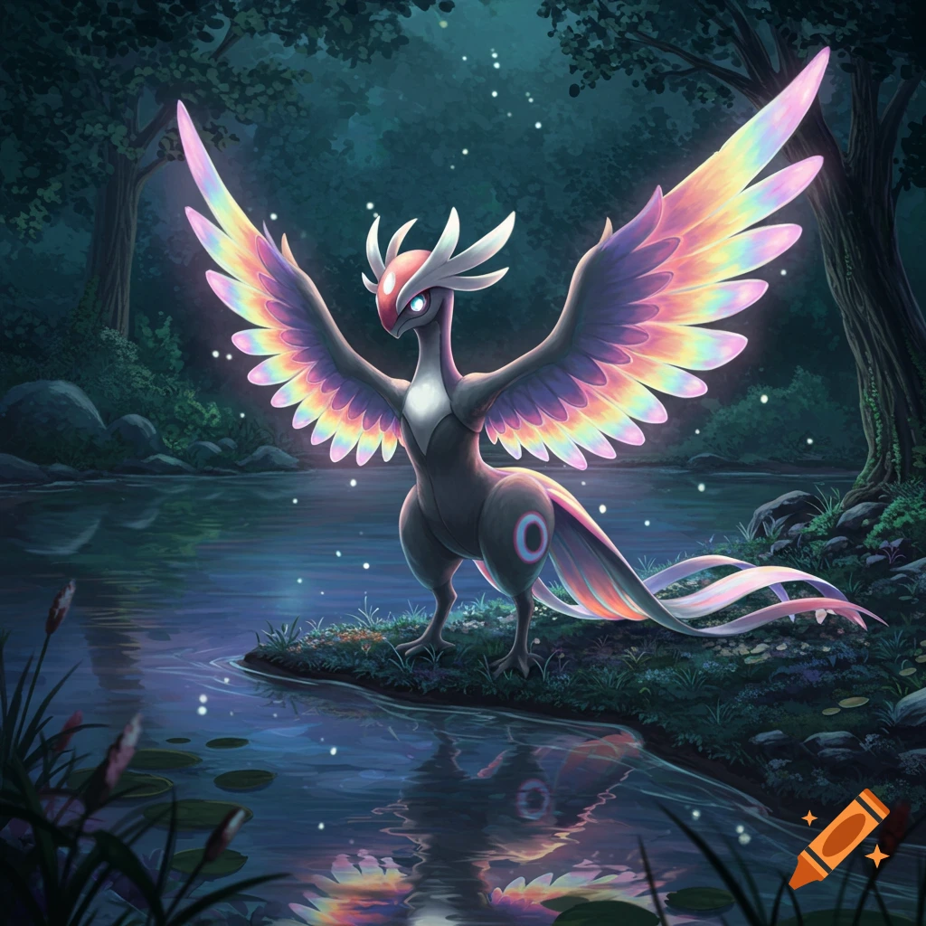A graceful dark fantasy creature with iridescent rainbow wings stands by a reflective forest lake under a starry night sky.