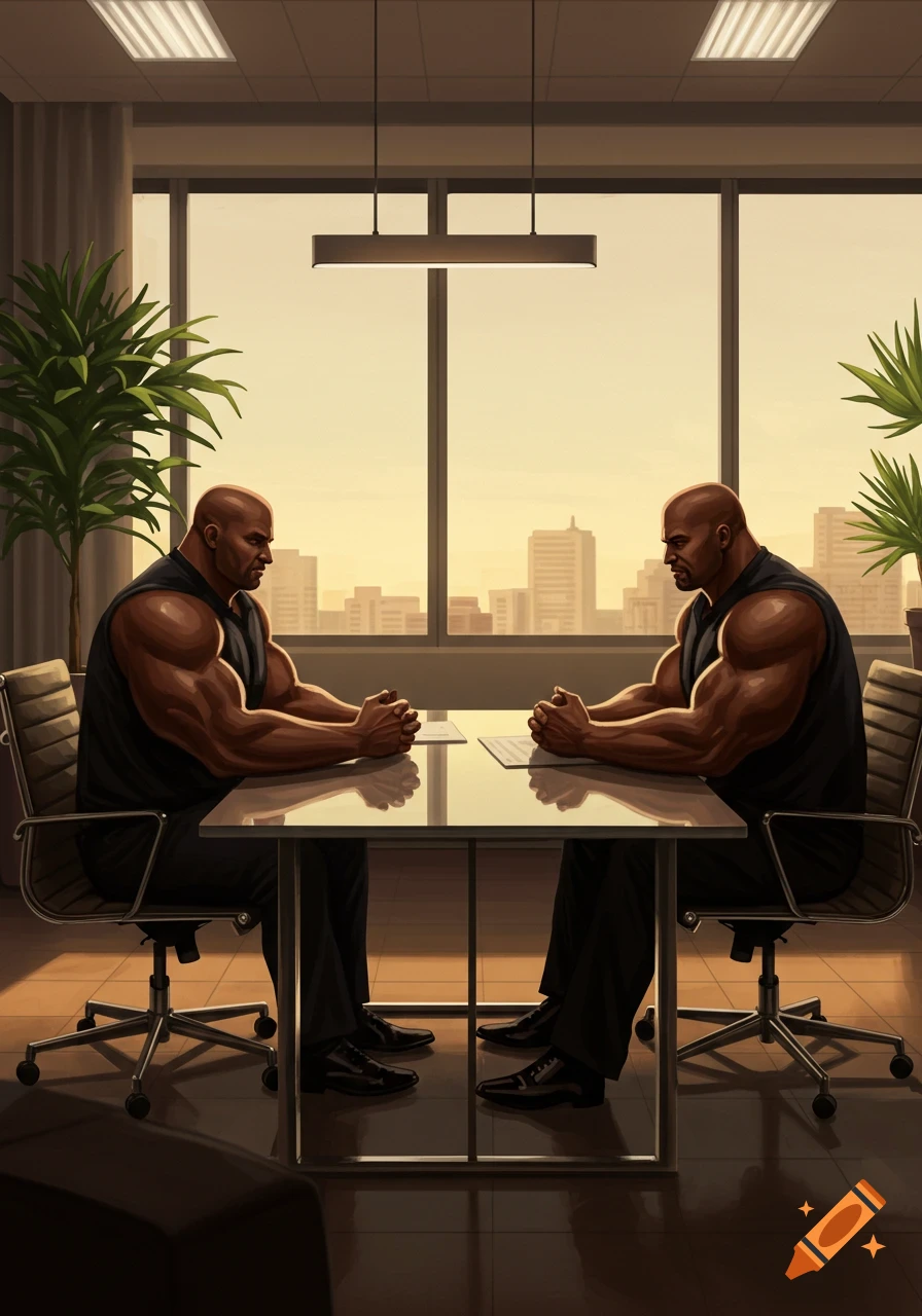 Two muscular men in black shirts sit across a table from each other in an office with a city view at sunset, illustration.