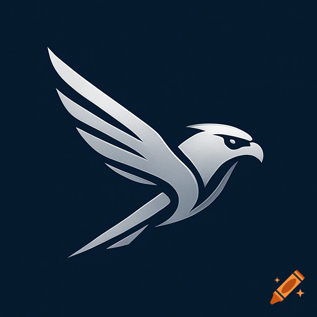 A stylized silver eagle or falcon logo with outstretched wings on a dark blue background.