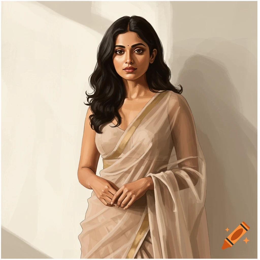 Illustrative portrait of an Indian woman with dark wavy hair, wearing a sheer, light-colored saree, against a plain background.