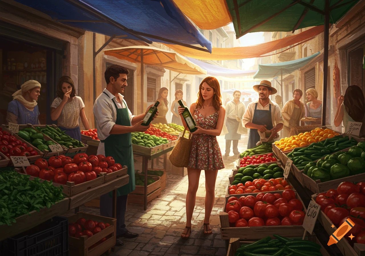 A man and a woman examine olive oil bottles in a busy, colorful outdoor market with stalls full of fresh vegetables under awnings, depicted in a painterly style.