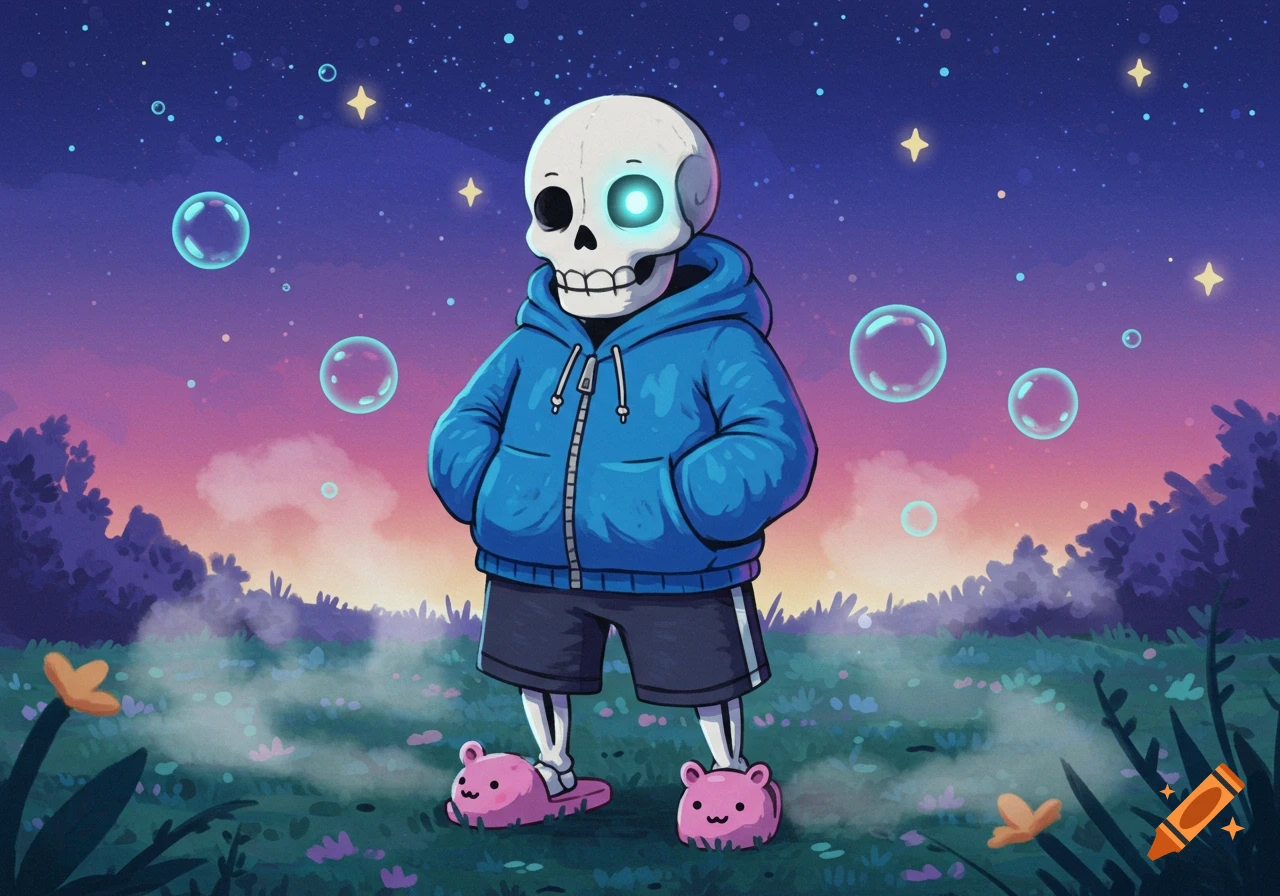 Cartoon skeleton (Sans) in blue hoodie and pink bear slippers stands in a starry night field with bubbles, his left eye glowing blue.