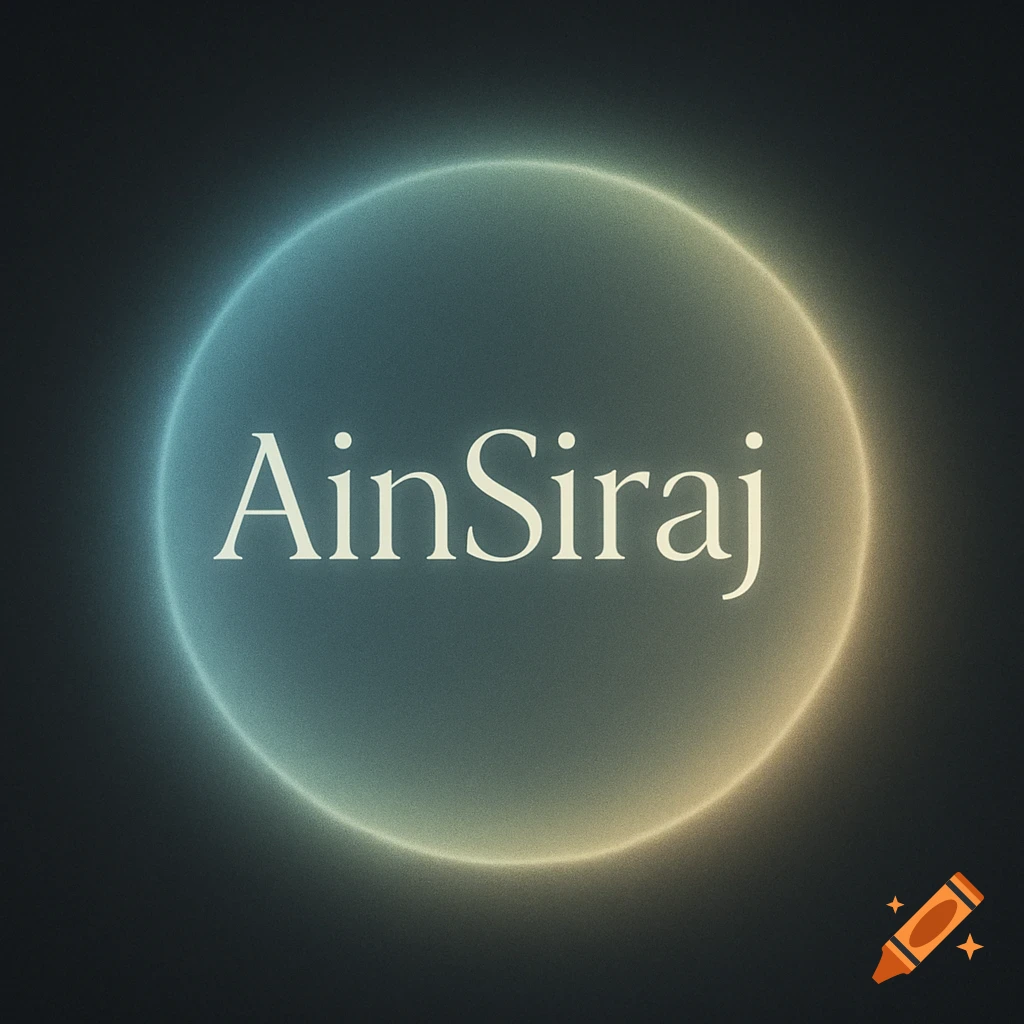 A circular logo with the name 'AinSiraj' in white serif font, glowing blue and gold on a dark background.