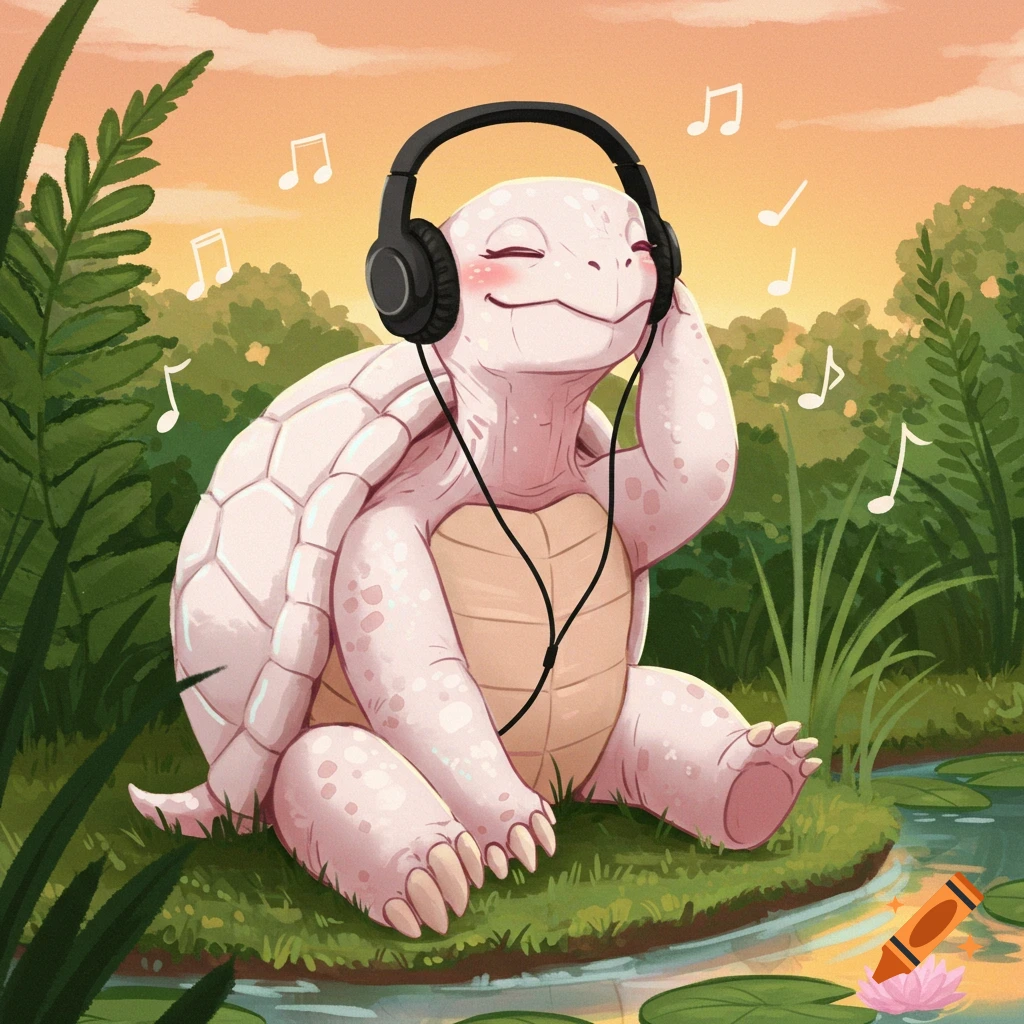 A smiling albino cartoon turtle with headphones sits by a pond at sunset, surrounded by greenery and lily pads.