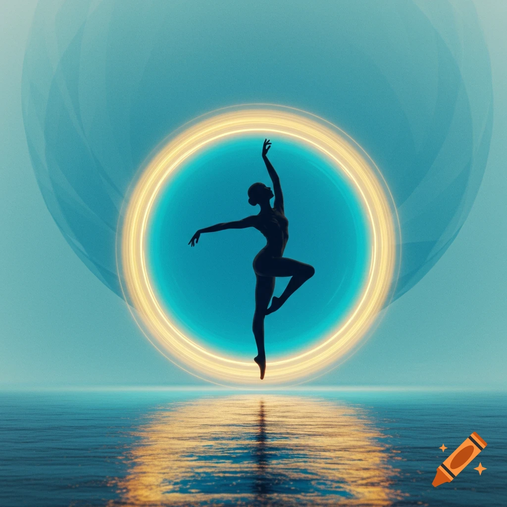 Silhouette of a ballerina dancing on water, framed by a glowing golden ring against a blue background.