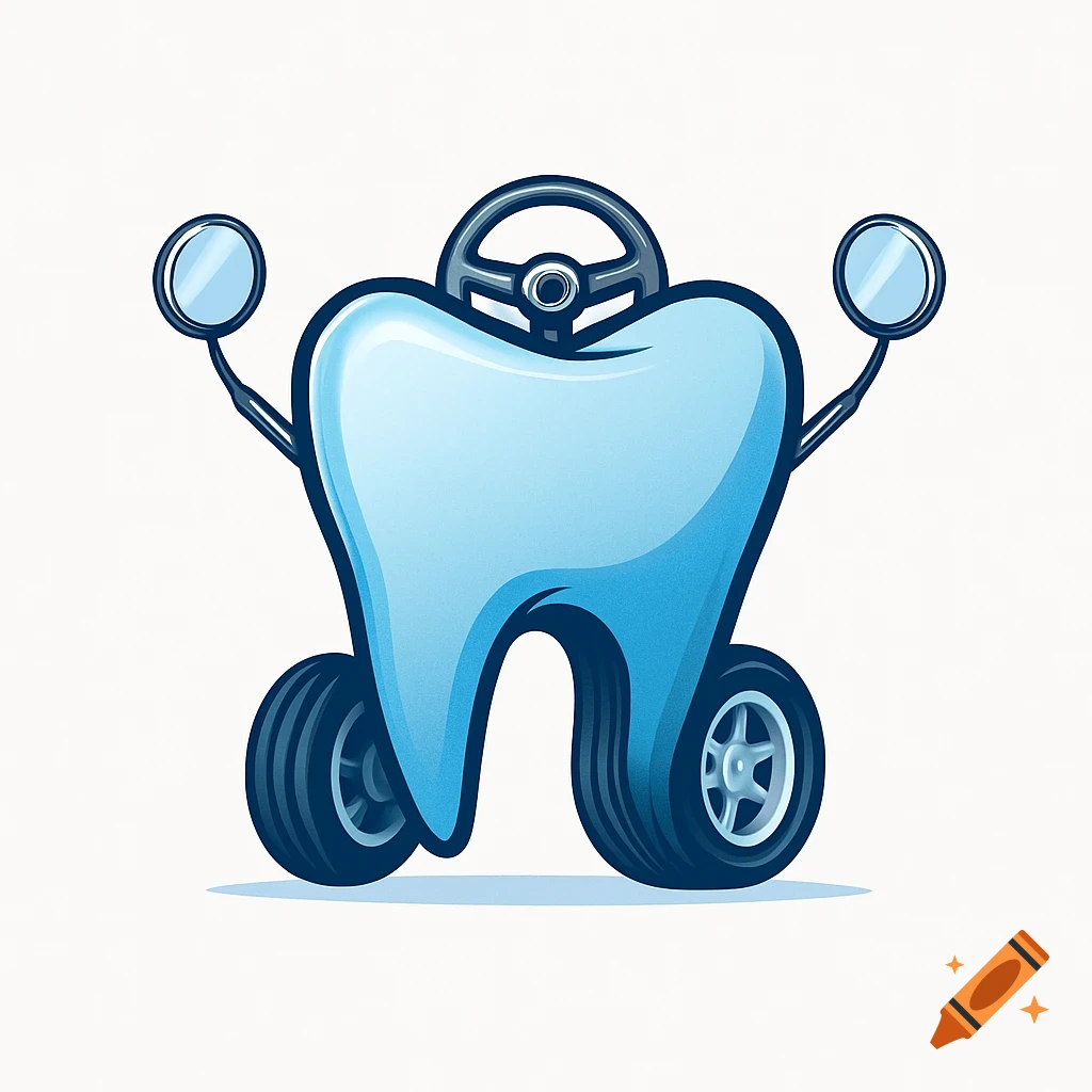 A cartoon-style logo of a blue molar tooth designed as a car with wheels, a steering wheel, and two dental mirrors on a white background.