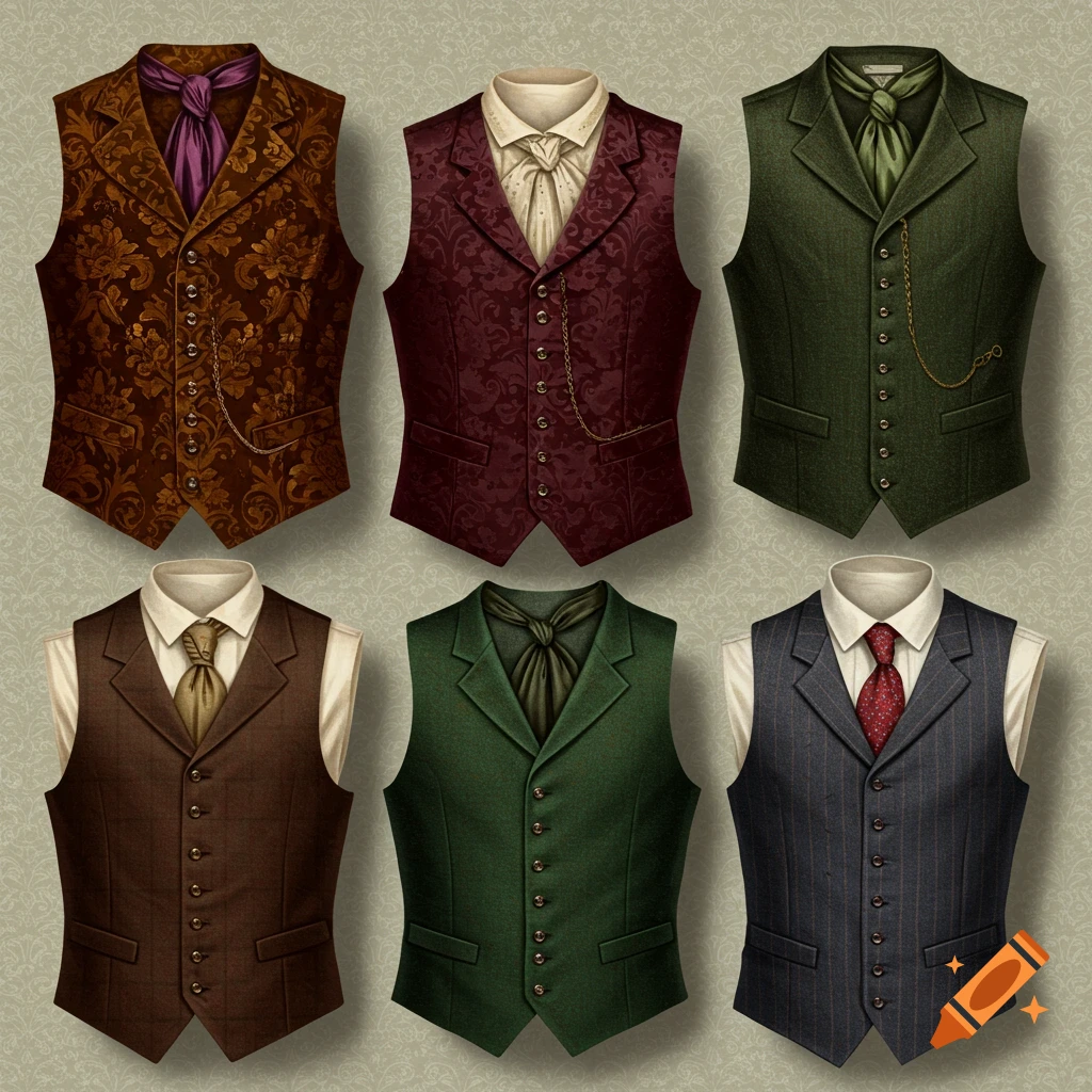 Six detailed vintage men's vests in brown, maroon, and green with various patterns, styled with shirts and ties.