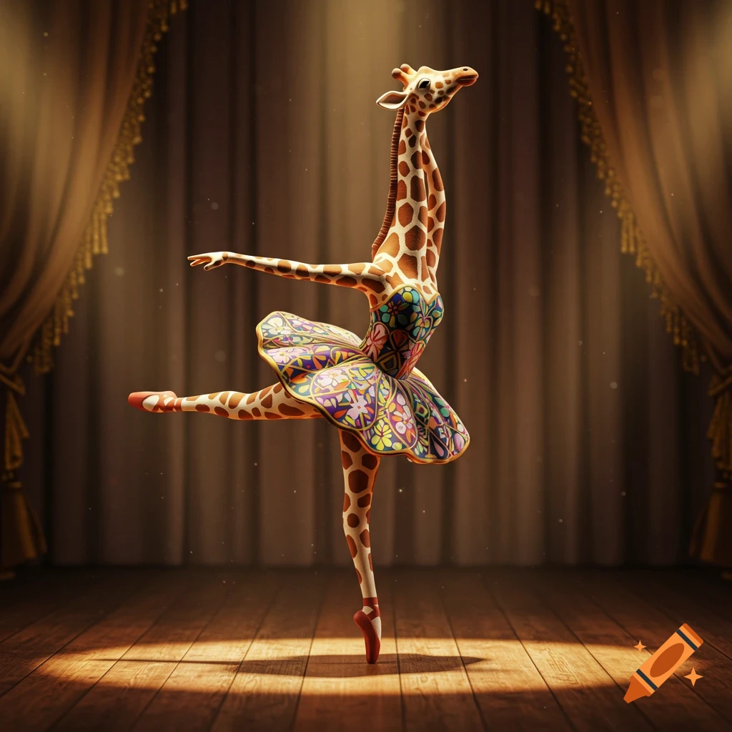 A whimsical giraffe ballerina with a colorful patterned tutu dances on a spotlighted wooden stage with draped curtains.