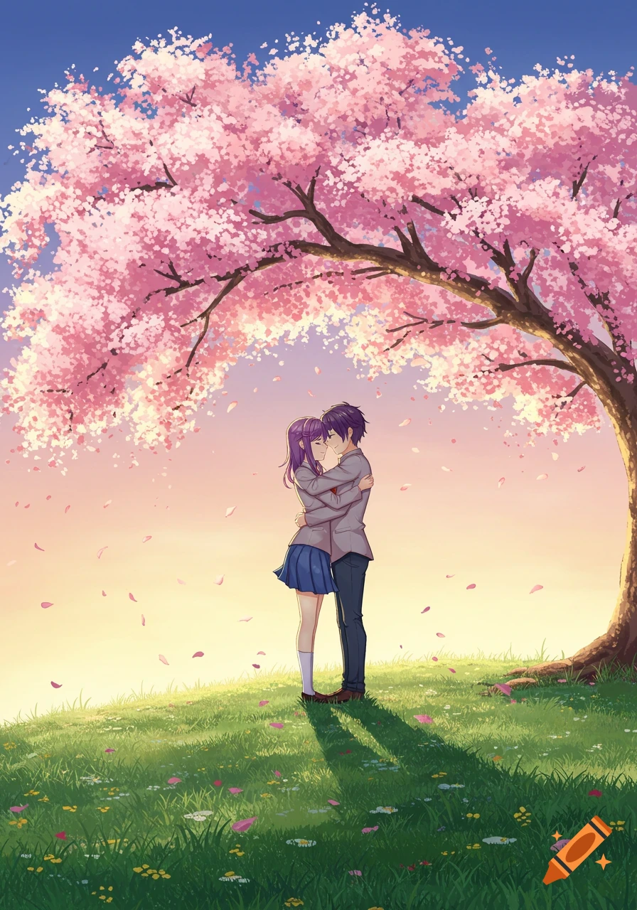 Anime couple hugging under a large cherry blossom tree on a green hill with a soft sunrise glow.