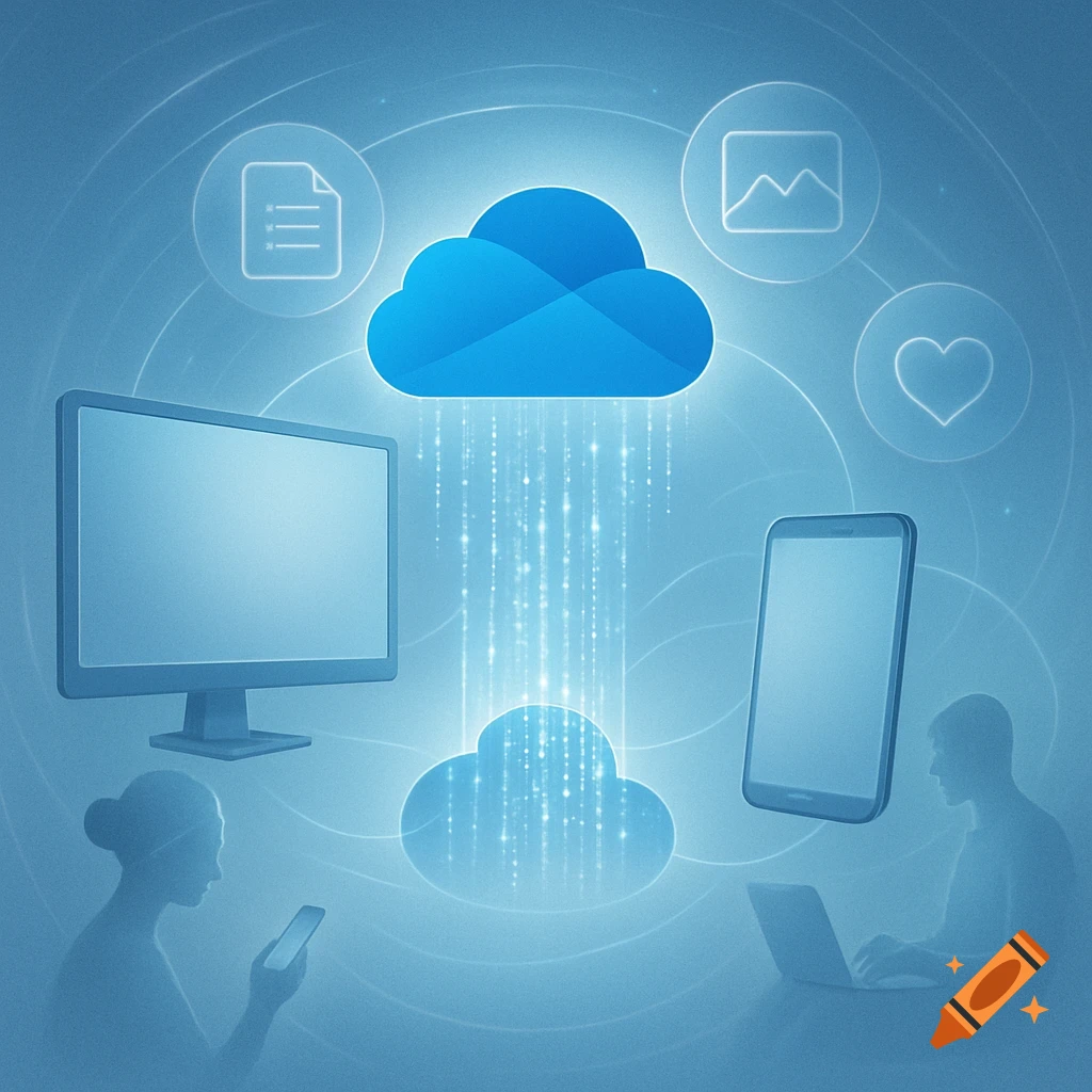 Blue stylized illustration of cloud computing with data flow, devices like a monitor, smartphone, laptop, and user silhouettes.