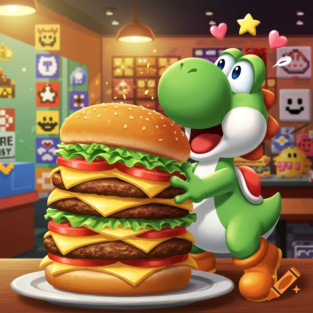Yoshi happily hugs a giant multi-patty burger in a retro pixel art-decorated diner.