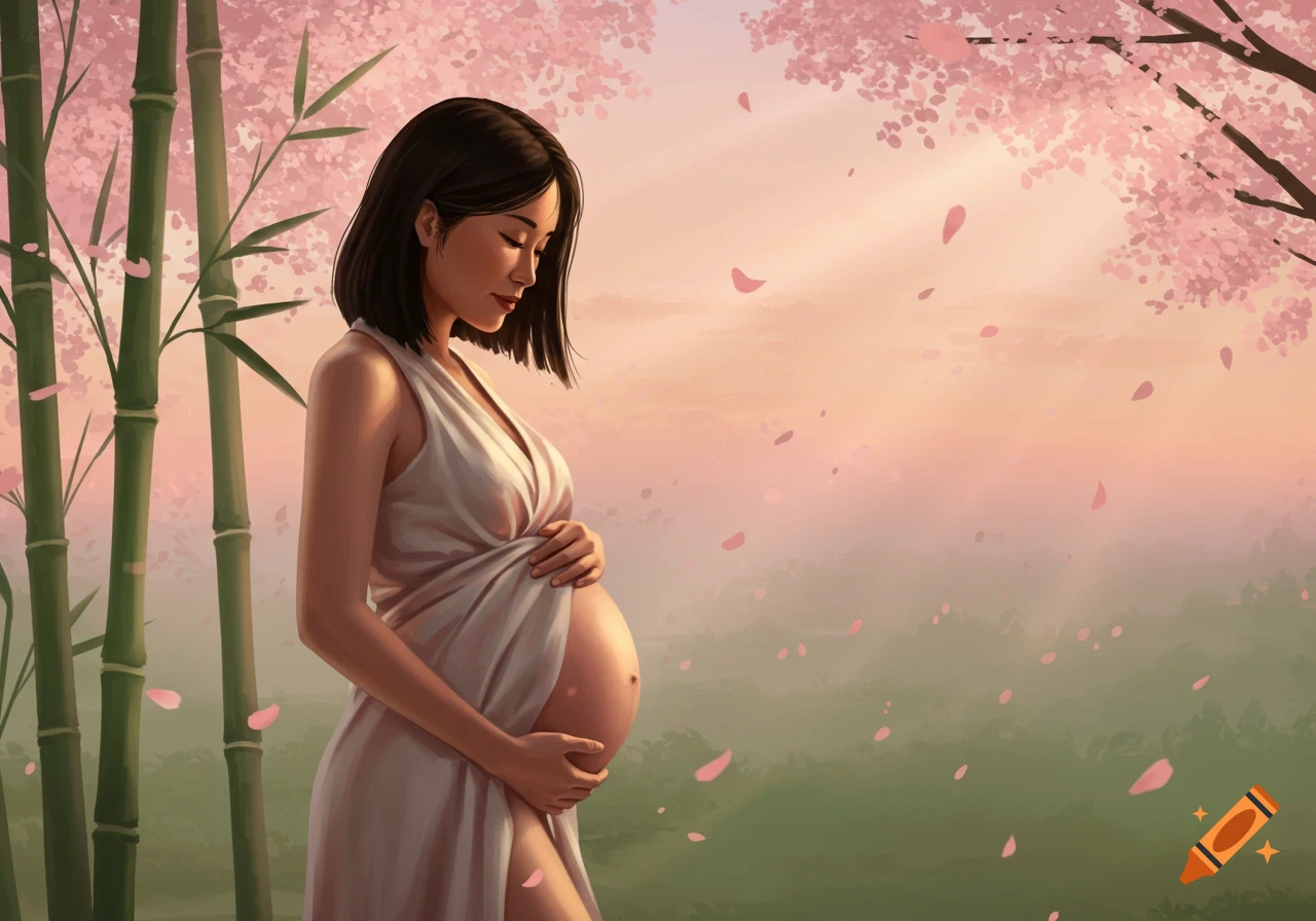 Illustrated pregnant Asian woman in white dress, holding her belly, surrounded by bamboo and falling cherry blossom petals at sunset.