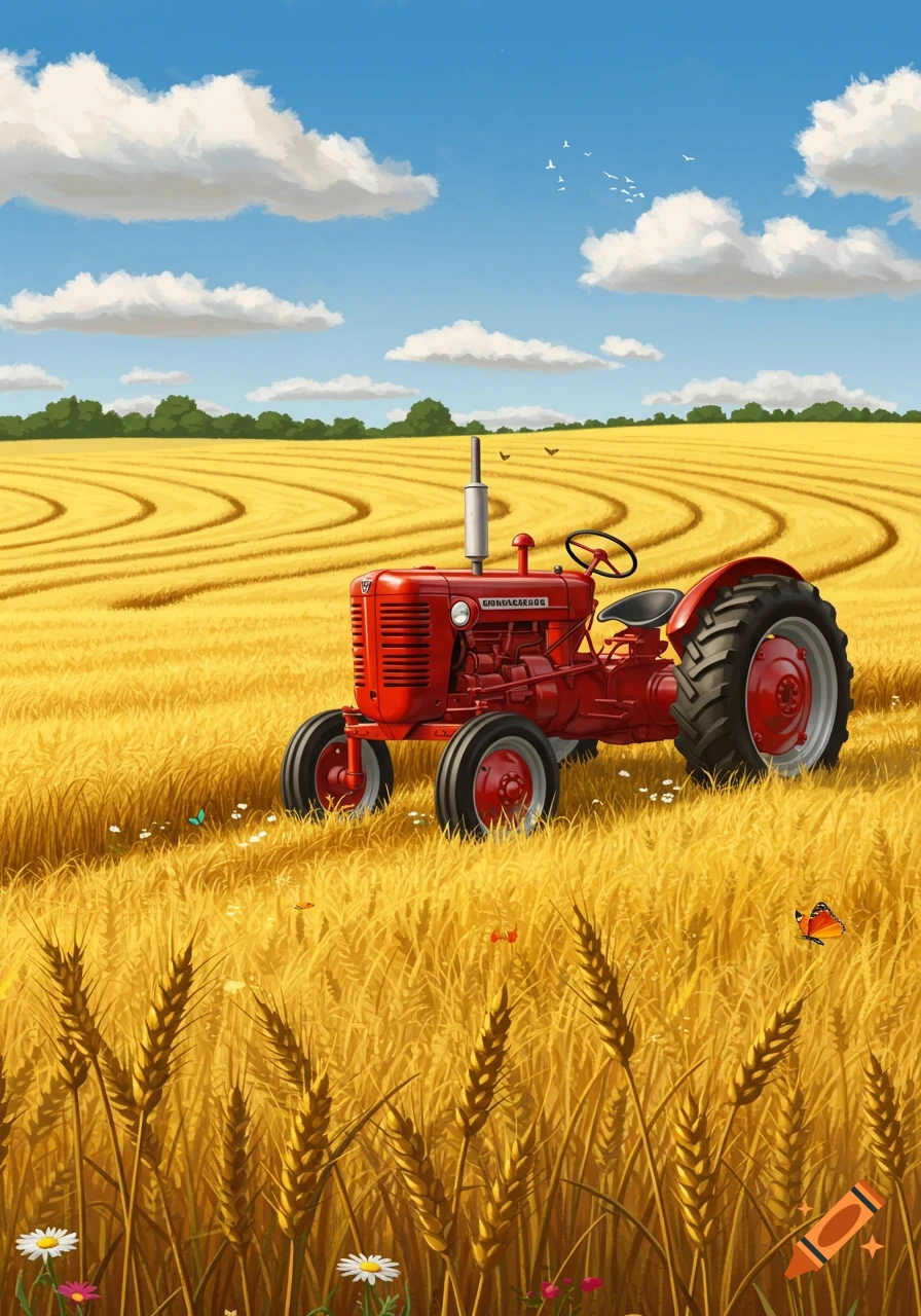 A vibrant red tractor stands in a golden wheat field under a bright blue sky with white clouds, butterflies flutter nearby.