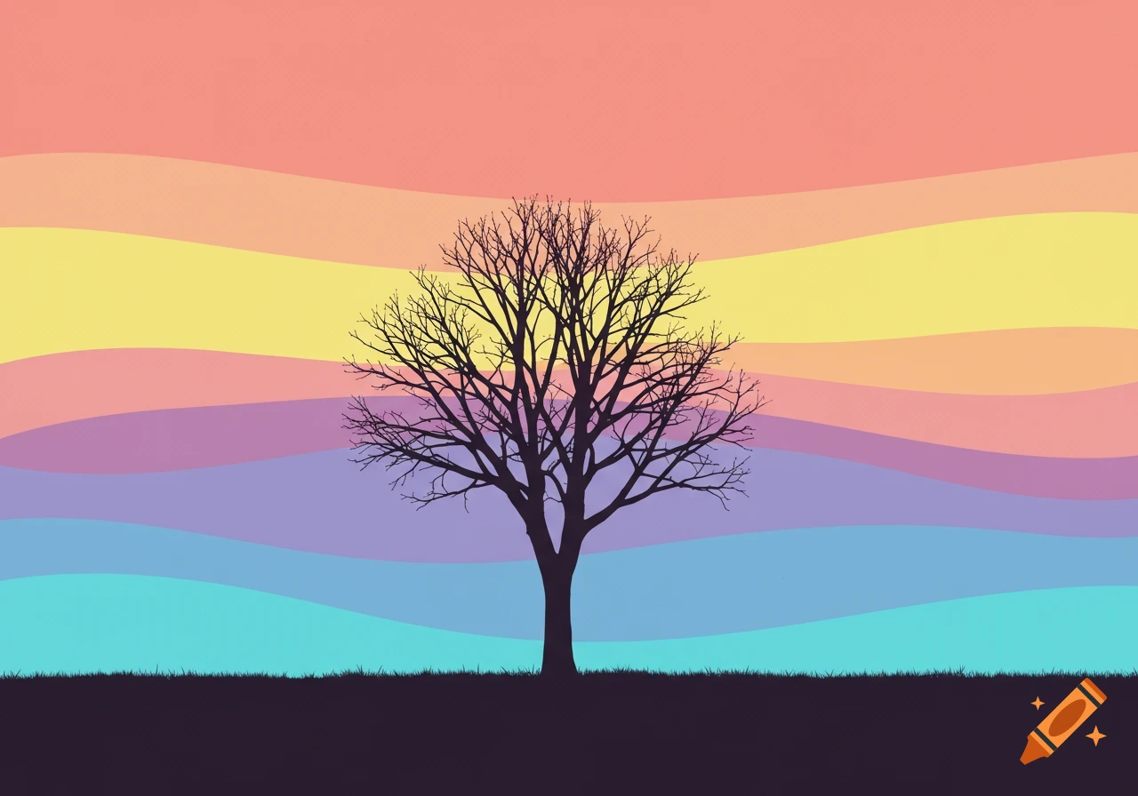 Minimalist illustration of a bare tree silhouette against a wavy, multicolored pastel sky.