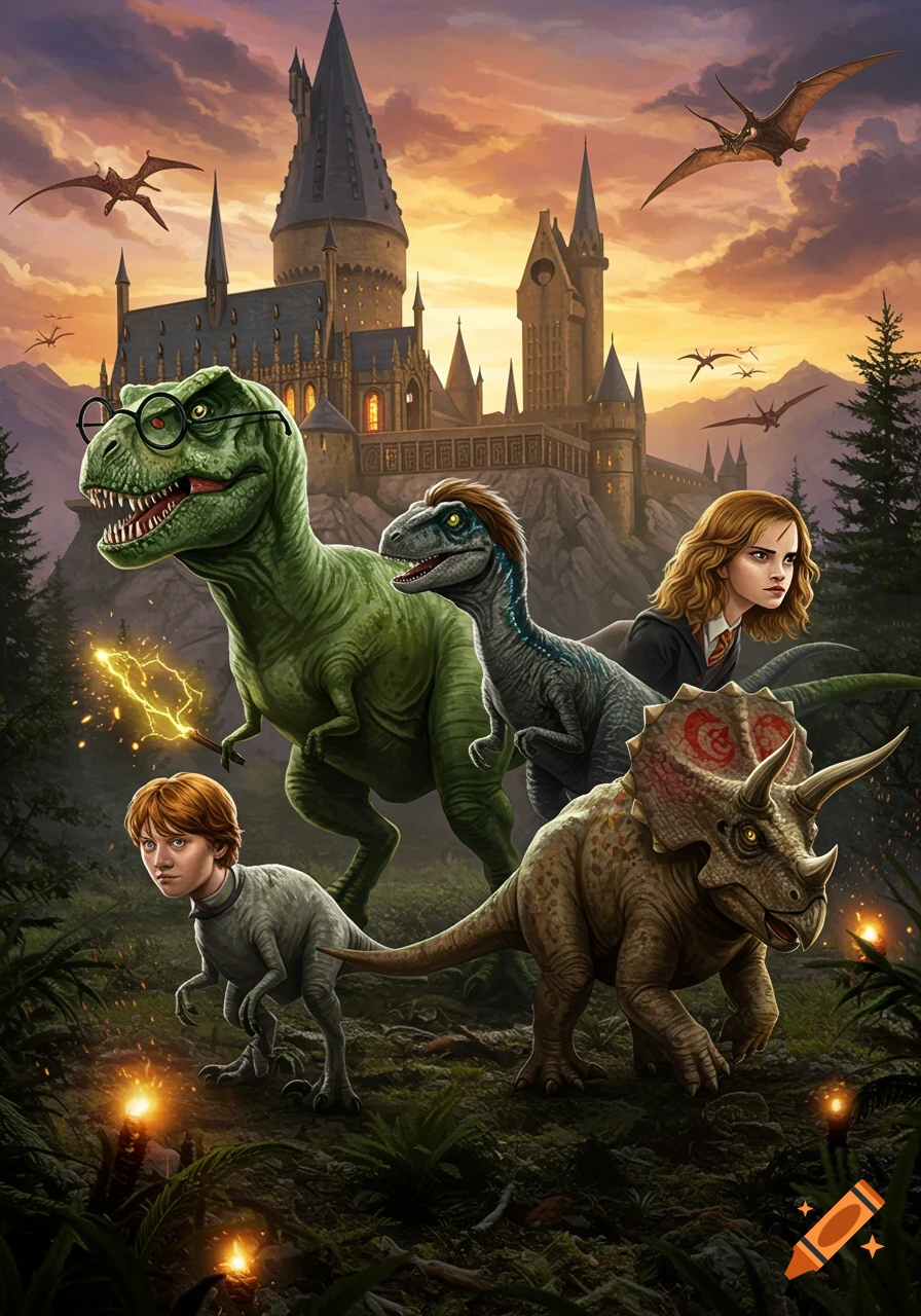 An illustration of Harry Potter characters reimagined as dinosaurs, including a T-Rex with glasses and Ron as a baby dinosaur, in front of Hogwarts at sunset with pterodactyls flying.