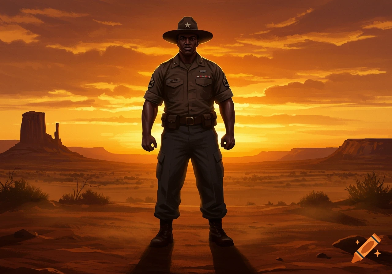 A Black soldier in uniform and a wide-brimmed hat stands in a vast desert landscape at sunset, with mountains in the distance.
