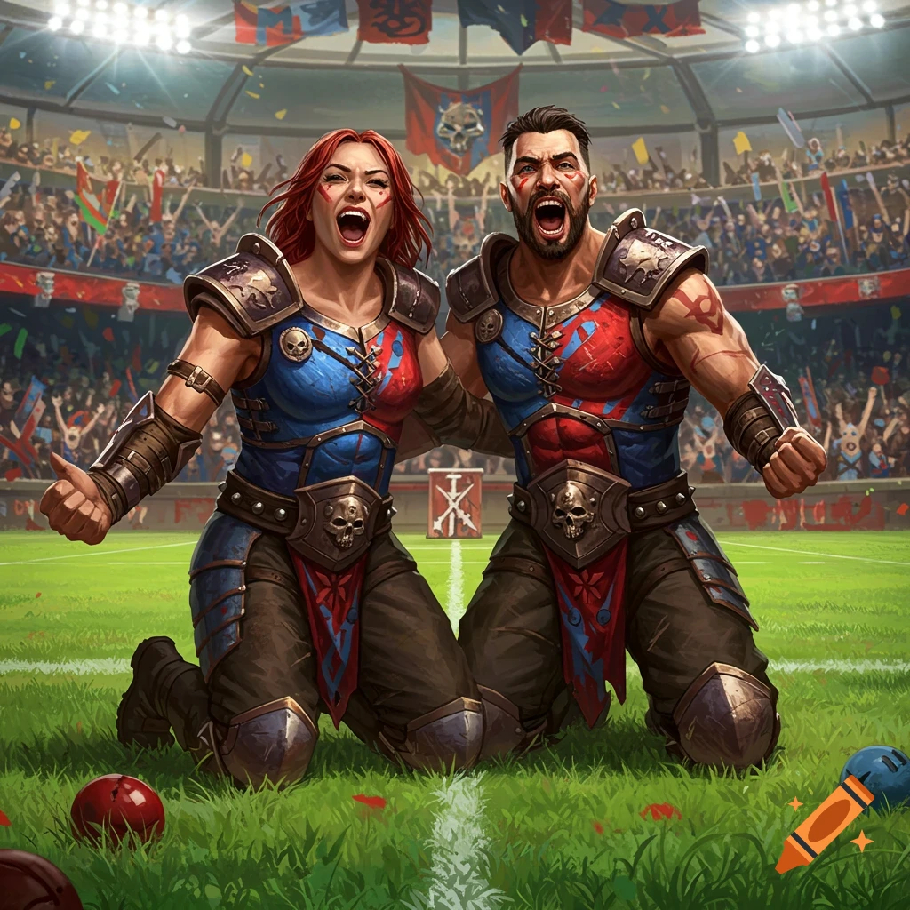 A man and woman in fantasy armor cheer enthusiastically on a grassy field in a stadium.