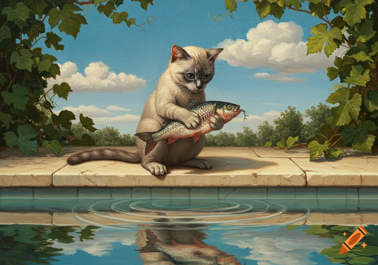 A painterly image of a cat sitting beside a pool, holding a fish, with ivy and a blue sky.