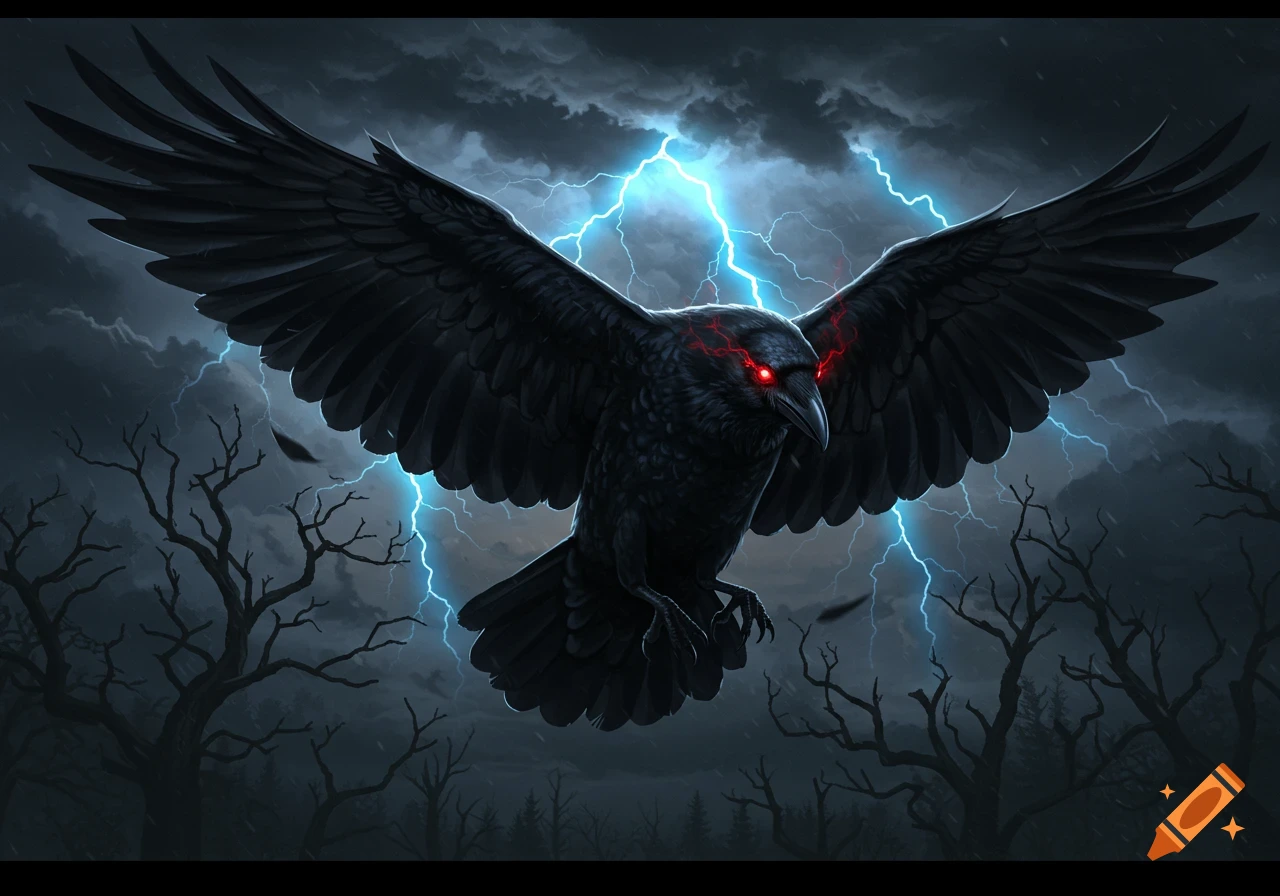 A black raven with red glowing eyes and spread wings flies through a stormy sky with bright lightning over dark, gnarled trees.