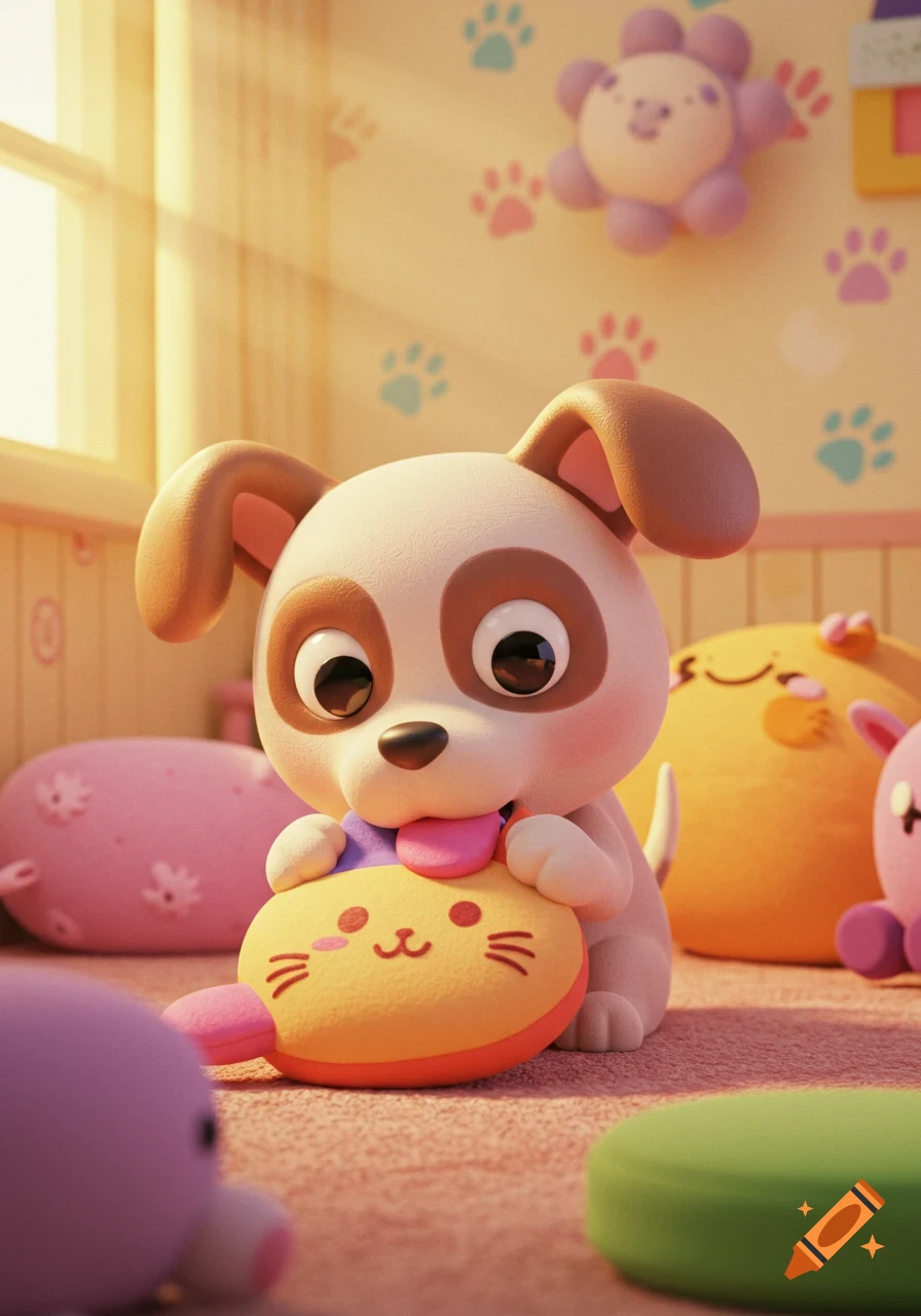 A cute 3D cartoon dog playfully holds a yellow cat-shaped toy in its mouth in a sunny room with paw prints.