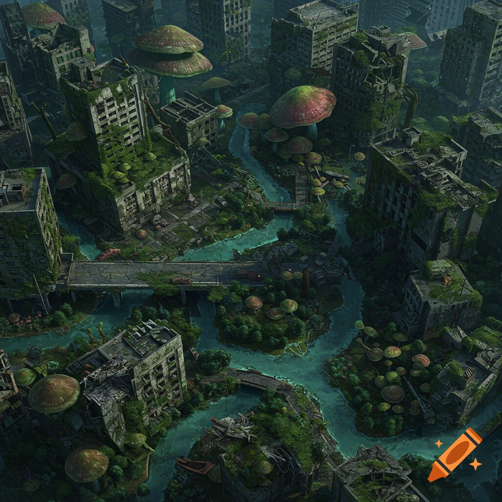 Aerial view of a post-apocalyptic city with flooded streets, moss-covered ruined buildings, and giant mushrooms growing amidst the overgrowth.