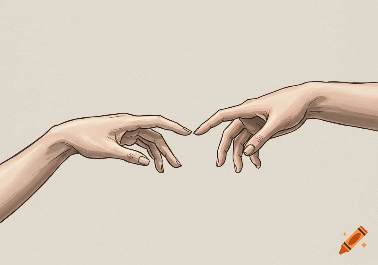 Two stylized, light-skinned hands in an illustrative style reach out, fingertips almost touching on a plain background.