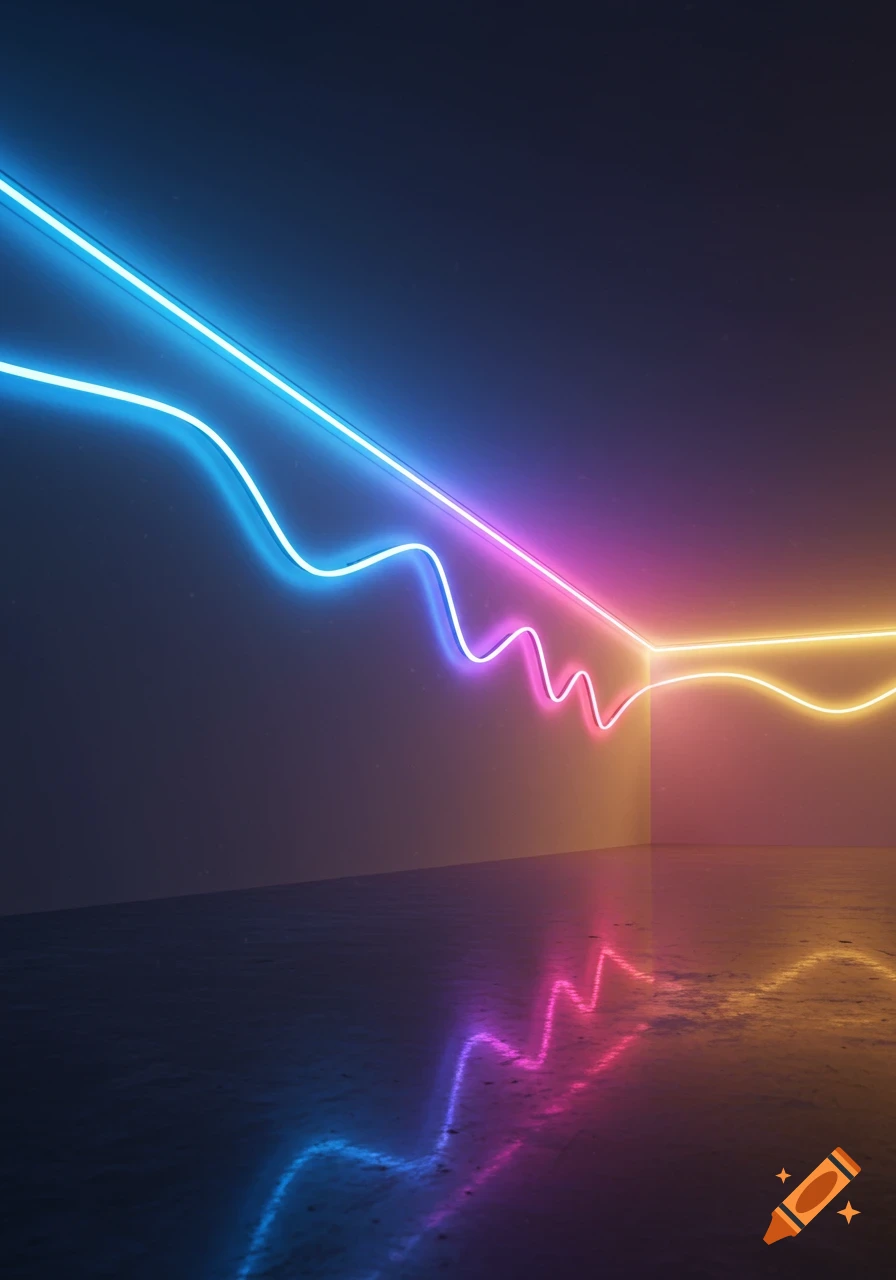 Abstract neon light lines in blue, pink, and yellow glow and reflect in a dark room, forming waves.