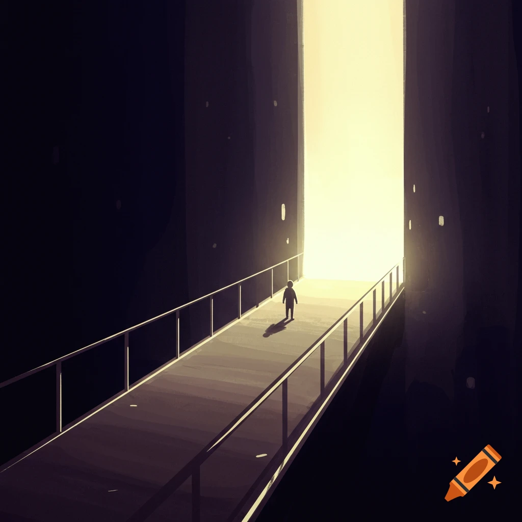 A minimalistic digital painting shows a small figure walking on a bridge from darkness towards a warm, bright light.