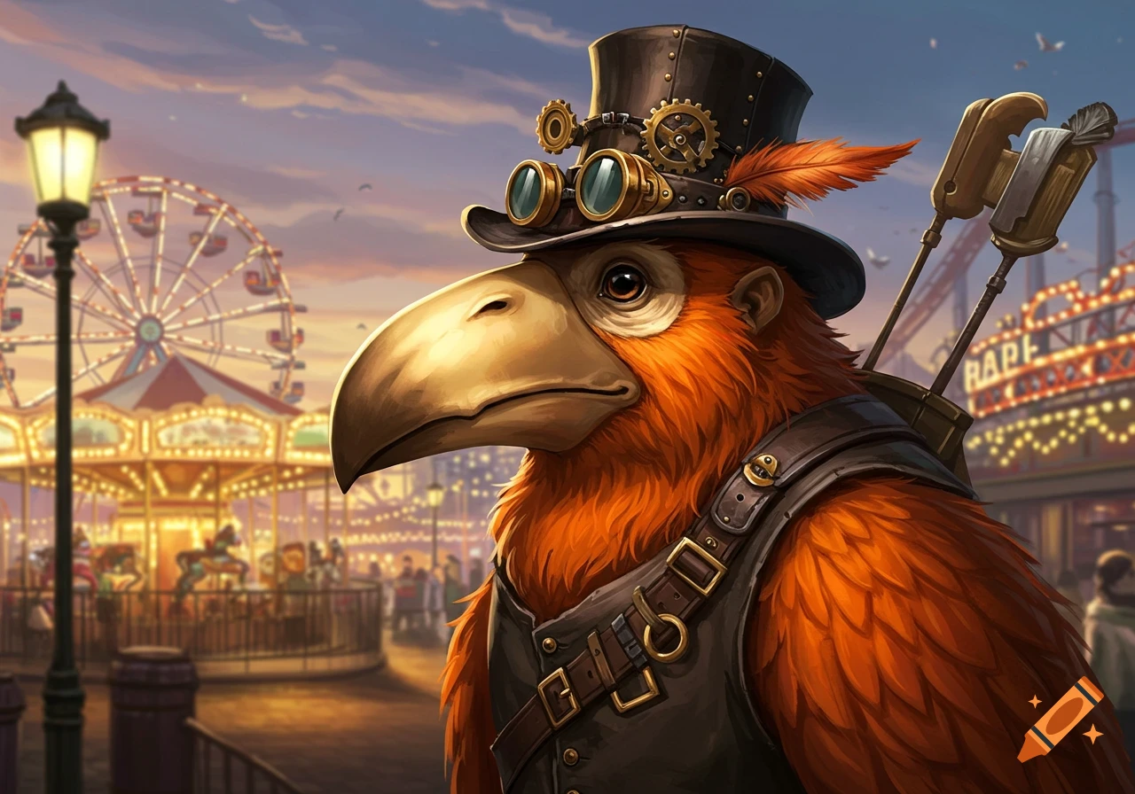 A steampunk bird-creature with orange fur, a top hat, and goggles at an amusement park with a Ferris wheel, digital art.